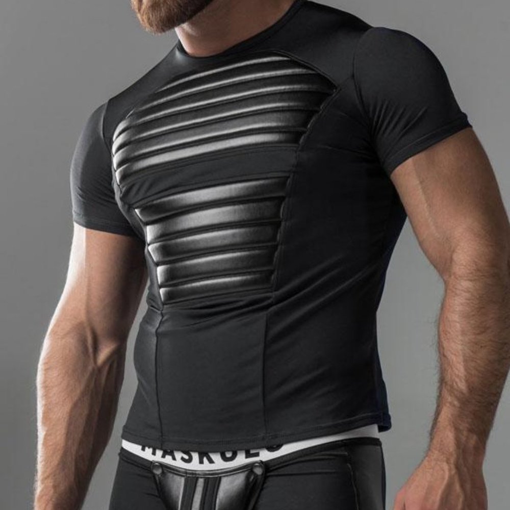 MASKULO Spandex Leather look Armored Fetish T-Shirt, Black, Chest Pads,  3XL,New